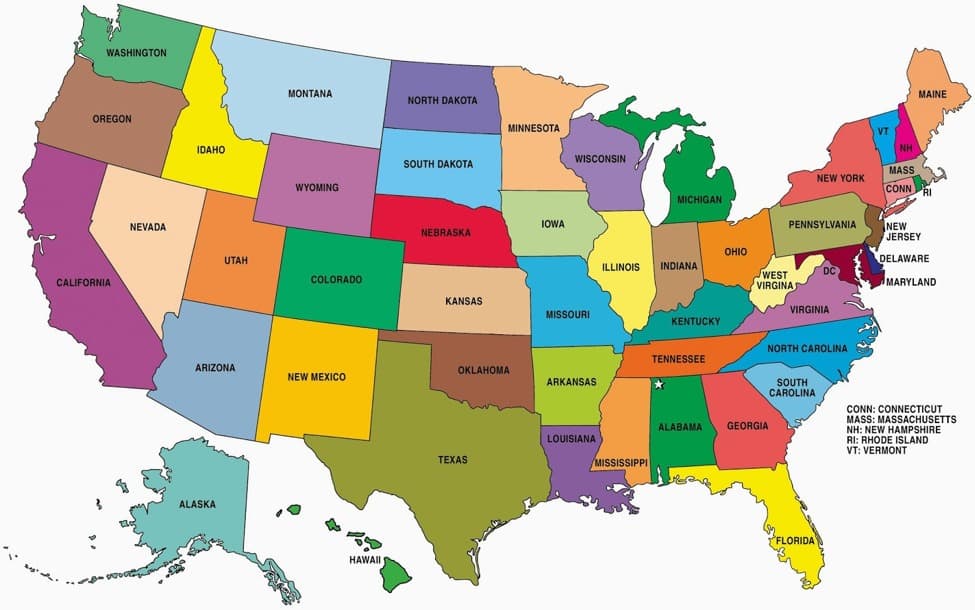 Bản đồ các bang của Hợp chúng quốc Hoa Kỳ.